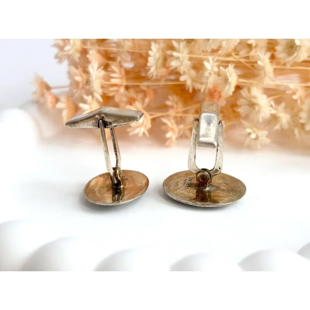 Siam Sterling Dancing Angel Oval Nielloware Enamel Vintage Black Round Cufflinks